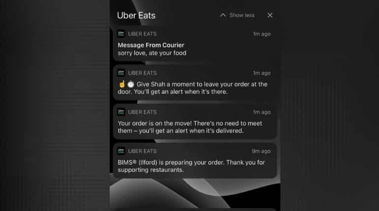'Sorry, love': Uber Eats delivery agent eats customer's food, then gives cheeky response 'Sorry, love': Uber Eats delivery agent eats customer's food, then gives cheeky response