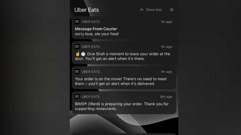 'Sorry, love': Uber Eats delivery agent eats customer's food, then gives cheeky response