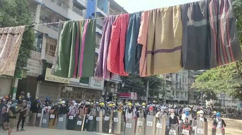 Protesters string up women's clothes for protection in Myanmar 