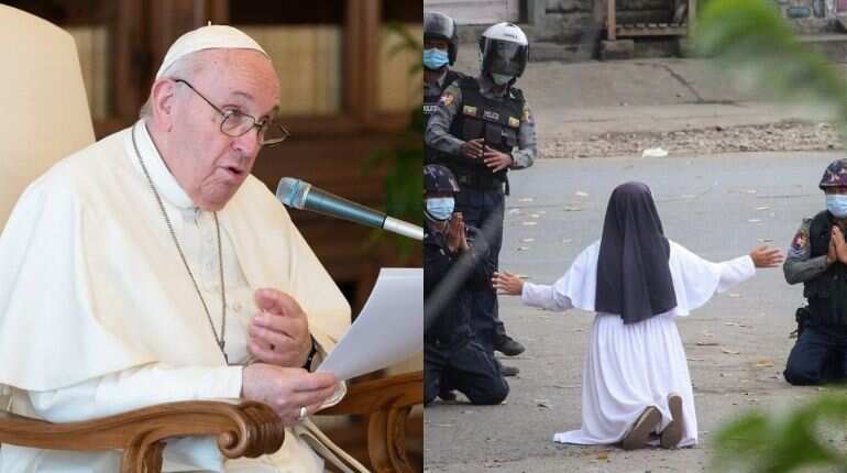 'I too kneel,' says Pope Francis about Myanmar nun who tried to stop violence 'I too kneel,' says Pope Francis about Myanmar nun who tried to stop violence