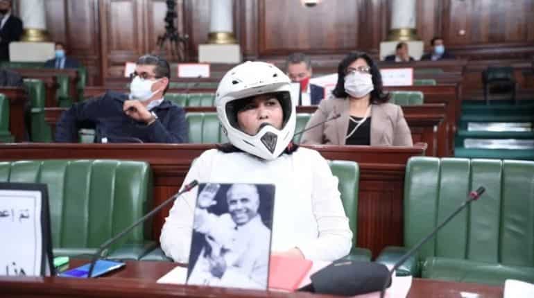 After her guards banned, Tunisian MP wears helmet, bulletproof vest in parliament After her guards banned, Tunisian MP wears helmet, bulletproof vest in parliament