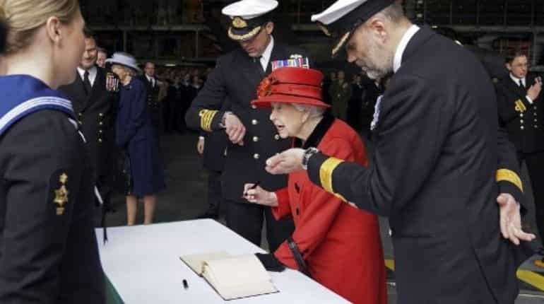 UK's Queen Elizabeth visits new aircraft carrier before Asia voyage