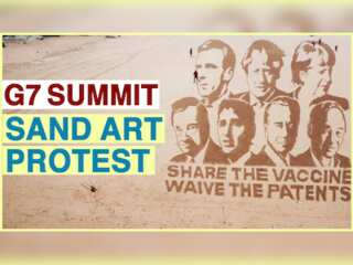 Activists sketch G7 leaders' likeness in sand