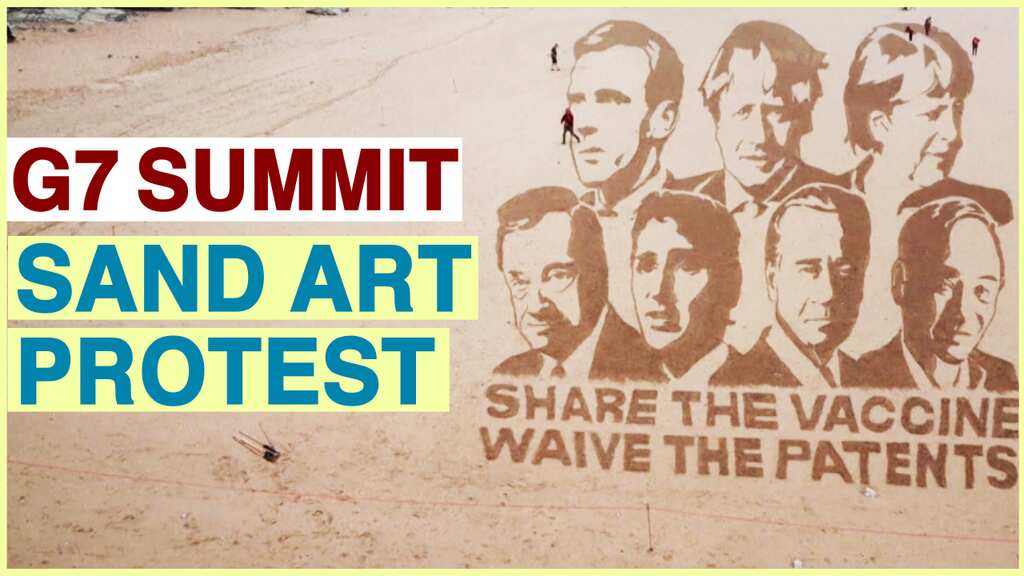 Activists sketch G7 leaders' likeness in sand