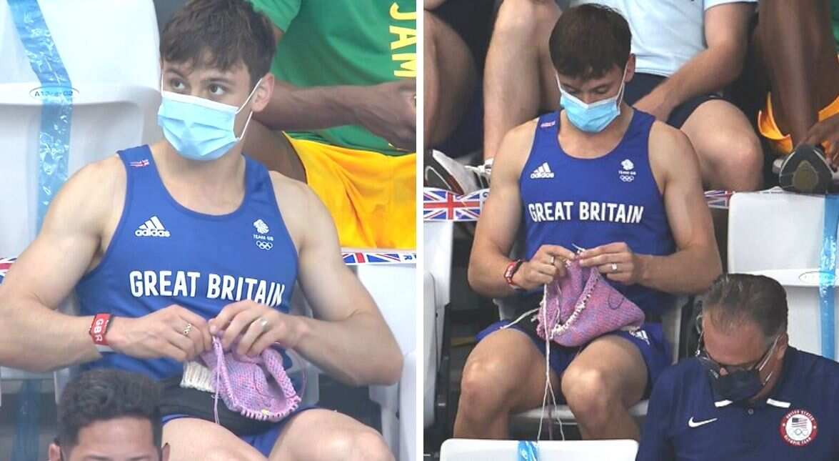 Britain's gold medalist Tom Daley is clicked knitting on the stands, earns fans on the Internet Britain's gold medalist Tom Daley is clicked knitting on the stands, earns fans on the Internet