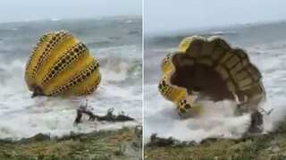 Tokyo: Large pumpkin sculpture gets tossed by Japan sea storm