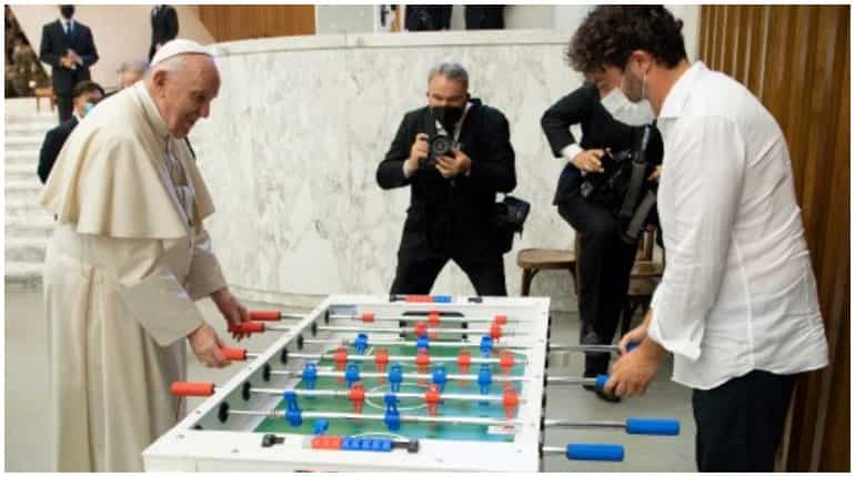 Pope Francis takes time out with some Foosball