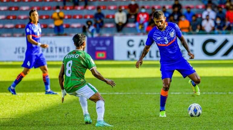 SAFF Championships: 10-man Bangladesh hold India 1-1 despite Sunil Chhetri's 76th international goal SAFF Championships: 10-man Bangladesh hold India 1-1 despite Sunil Chhetri's 76th international goal