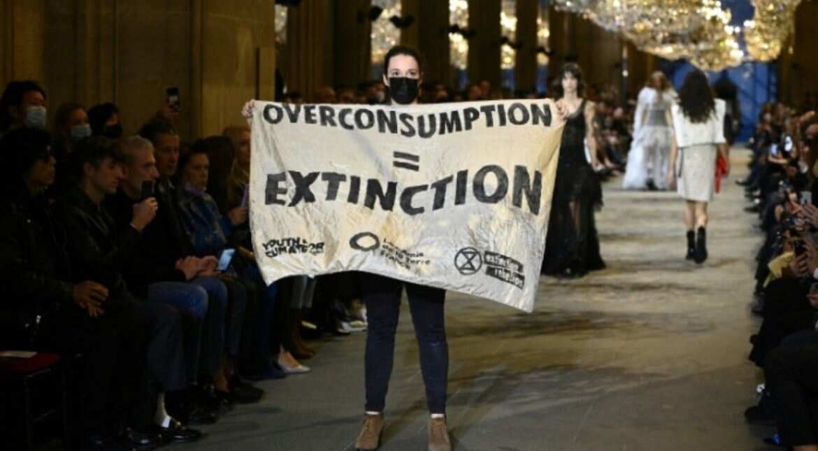 Climate demonstrators invade Louis Vuitton catwalk show