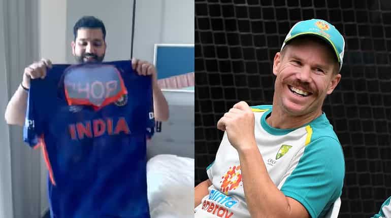 David Warner comes up with hilarious response as Rohit Sharma flaunts India's T20 World Cup jersey David Warner comes up with hilarious response as Rohit Sharma flaunts India's T20 World Cup jersey
