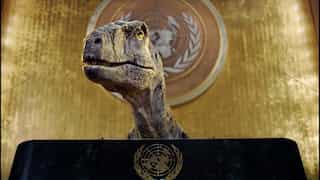 'Humanity's big chance': Talking dinosaur Frankie urges world leaders to not choose extinction