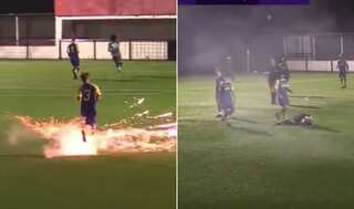 Watch: Football match abandoned after fireworks exploded on pitch, nearly hitting a player