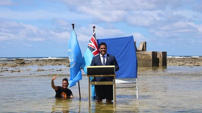 Minister of Tuvalu island films his COP26 speech knee-deep in ocean to highlight climate crisis Minister of Tuvalu island films his COP26 speech knee-deep in ocean to highlight climate crisis