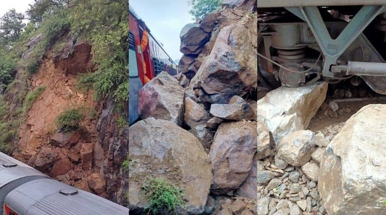 Passengers safe after boulders fall on Indian train damaging coaches Passengers safe after boulders fall on Indian train damaging coaches