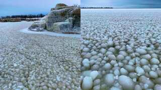 Numerous rare ice formations in Canada's Lake Manitoba makes people go wow