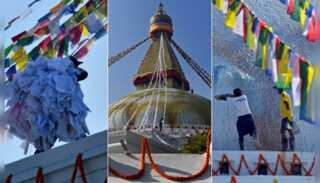 Nepal's historic Boudhanath Stupa swaps synthetic prayer flags with biodegradable ones