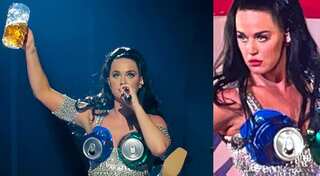 Katy Perry grabs eyeballs in a beer can bra for a Las Vegas performance, pours out drink mid-concert