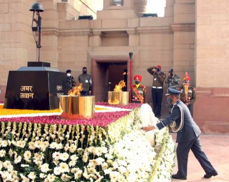 India's eternal flame merged, with Air Marshal B R Krishna presiding over the ceremony