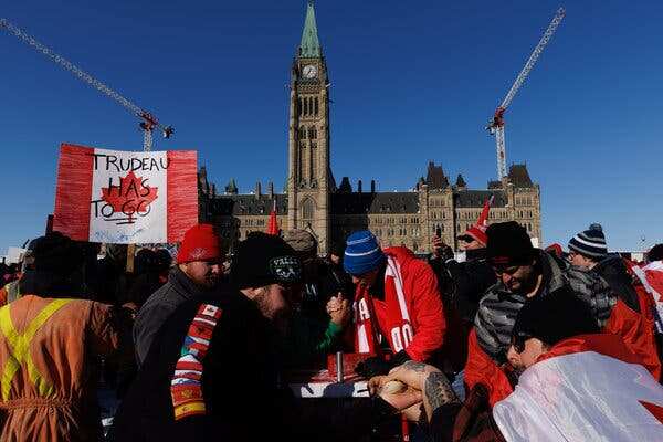 Canadian truckers protest at Parliament hill against COVID vaccine mandate