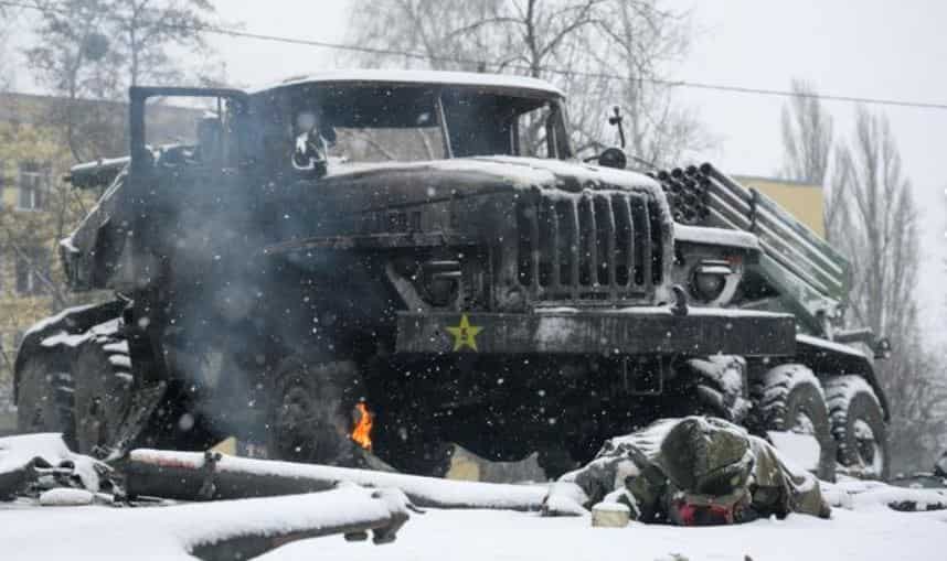 Russian military vehicle on fire