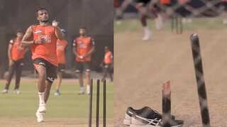 T Natarajan breaks a stump into two as Sunrisers Hyderabad pacer breathes fire ahead of IPL 2022 - WATCH