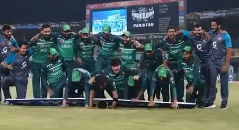 WATCH: Pakistan players hilariously fall on winner's board during celebrations post series win vs Australia WATCH: Pakistan players hilariously fall on winner's board during celebrations post series win vs Australia
