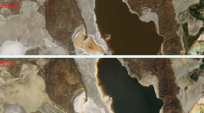 (Image: NASA) Record Low Water Level at Great Salt Lake, Utah (July 29, 2017 - July 24, 2021)