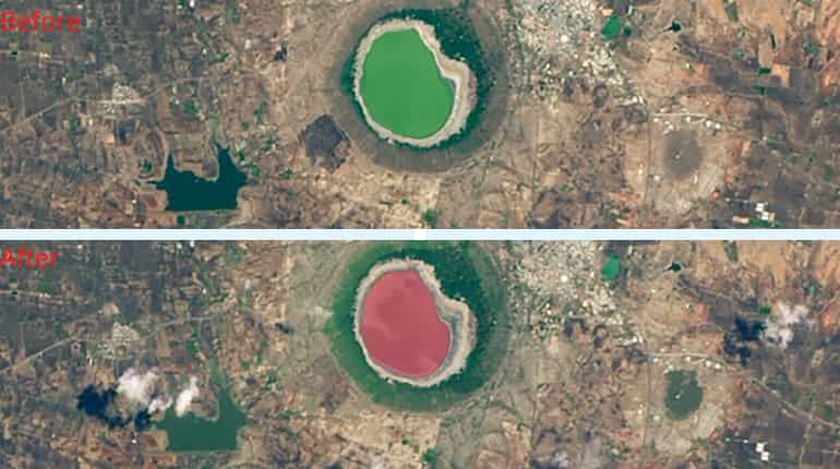 (Image: NASA) India's Lonar Lake Changes Colour (May 25, 2020 - June 10, 2020)