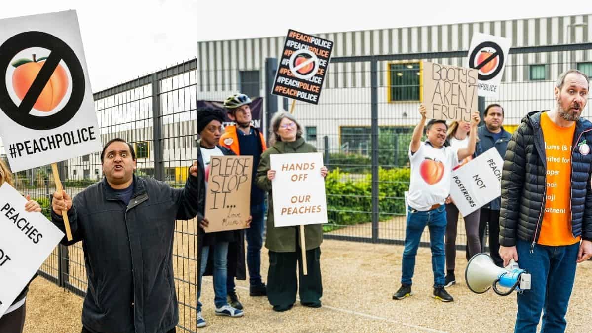 #PeachPolice: Group of parents in London protest against the use of peach a.k.a the 'butt' emoji. Watch! #PeachPolice: Group of parents in London protest against the use of peach a.k.a the 'butt' emoji. Watch!
