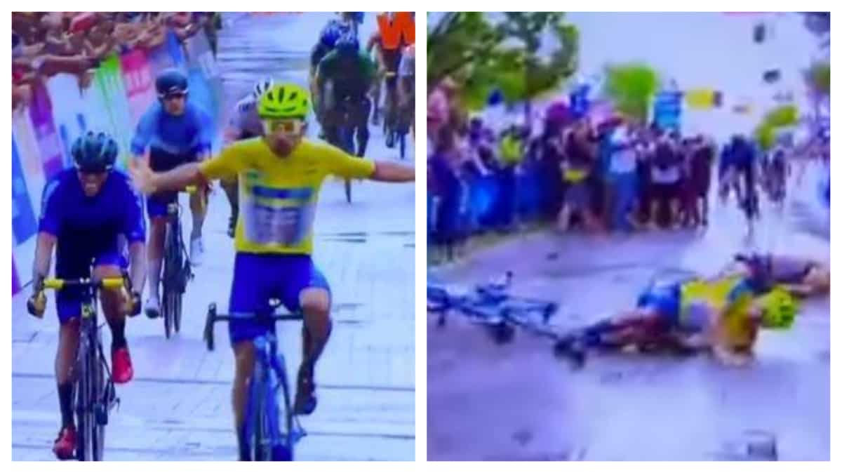 Columbian cyclist wins race, celebrations cut-short after he crashes into his wife - WATCH Columbian cyclist wins race, celebrations cut-short after he crashes into his wife - WATCH