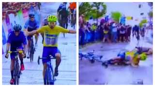 Columbian cyclist wins race, celebrations cut-short after he crashes into his wife - WATCH