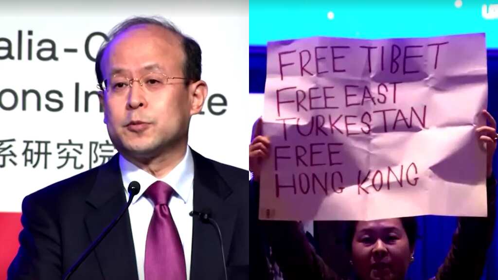 China's ambassador to Australia Xiao Qian heckled, called 'representative of a genocidal dictatorship'