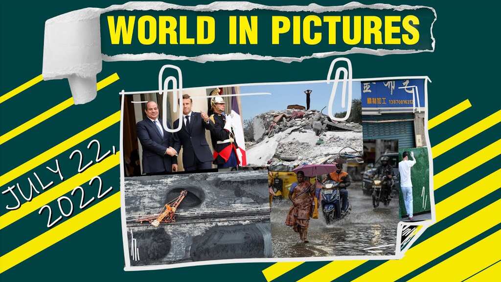 World in Pictures: Macron welcomes Egypt's President; Commuters make their way in a waterlogged street