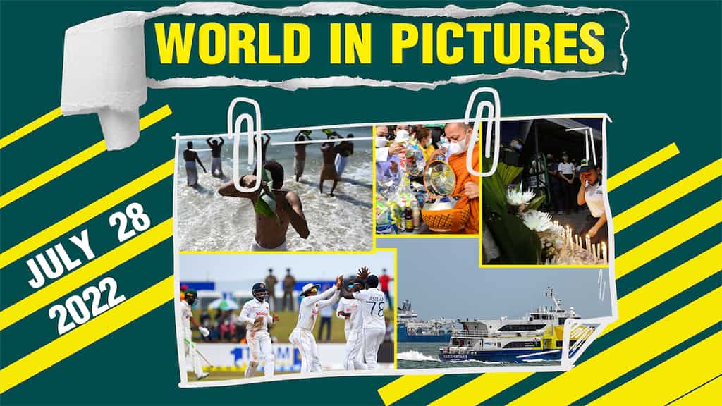 World in Pictures: Hindu devotees perform Tarpan rituals; Sri Lanka's Angelo Mathews takes wicket
