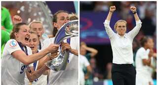 Women's Euro 2022: England players gatecrash coach Sarina Wiegman's conference after title win - WATCH
