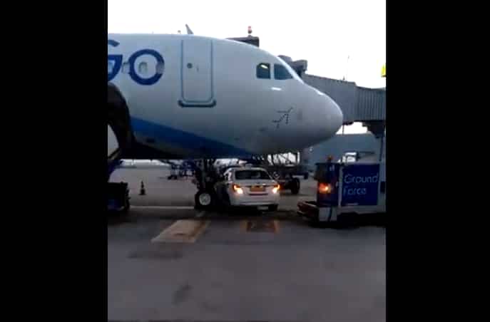 Watch: A rival airline car nearly collides with a stationary IndiGo plane Watch: A rival airline car nearly collides with a stationary IndiGo plane