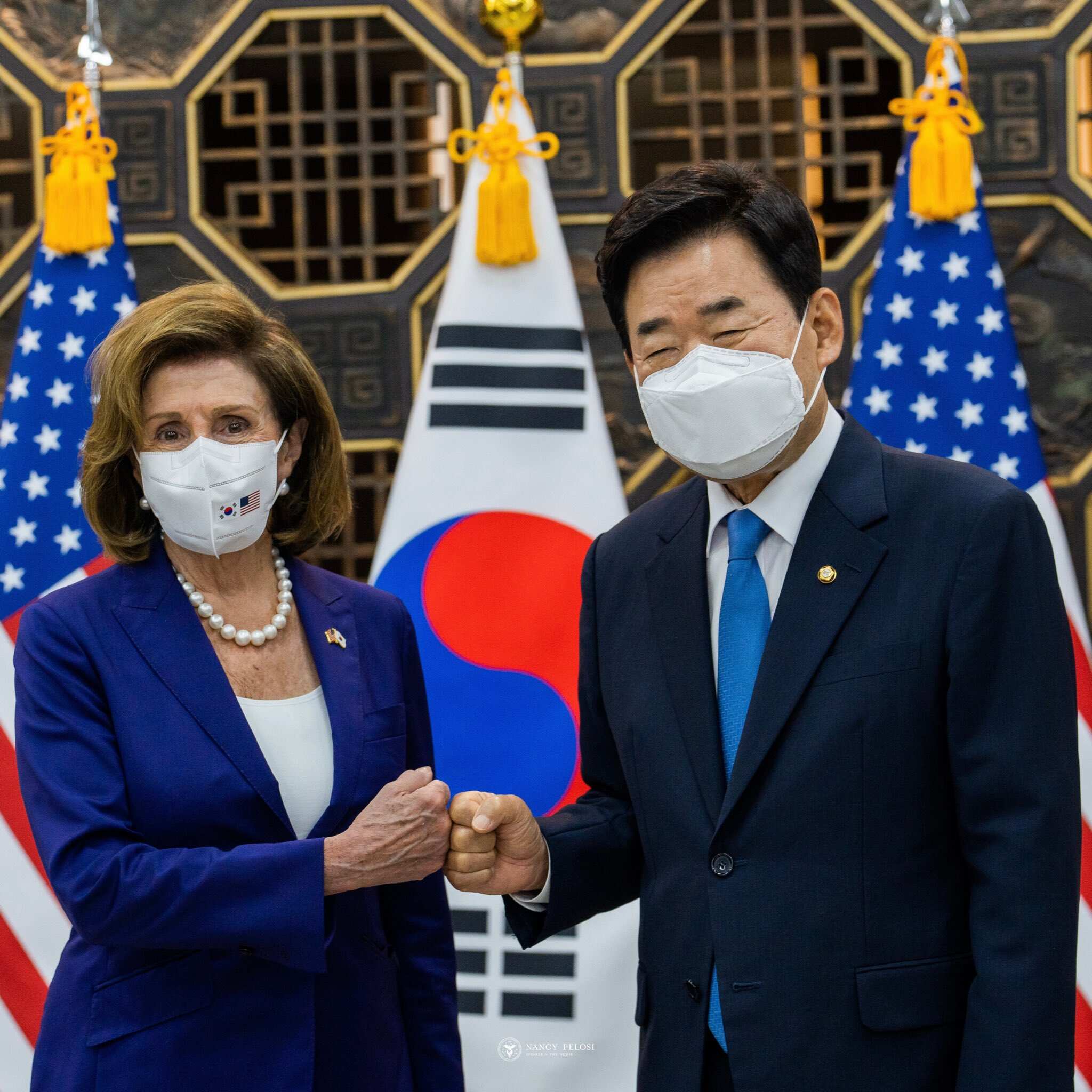 Pelosi fist bumps the speaker in Seoul