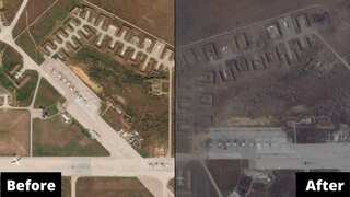Even as Russia continues to deny an attack, before & after images of Crimea air base show significant damage