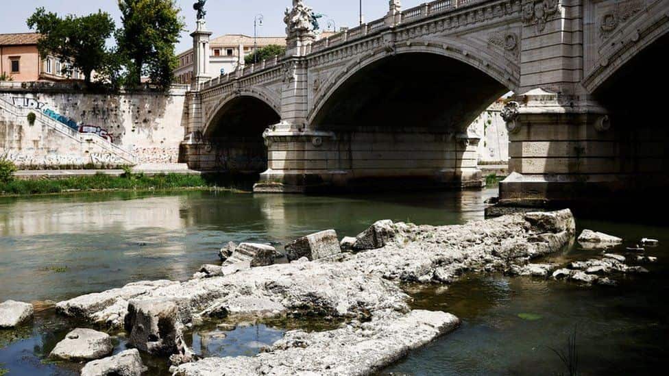 Ruins of the bridge built by Nero have been revealed in the River Tiber