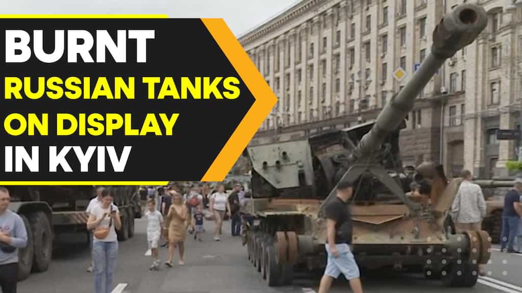Burnt Russian tanks on display in Kyiv ahead of Ukraine's Independence Day