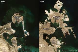 Before and after images show dramatic expansion of Bahrain by building land on sea: 1987 vs 2022
