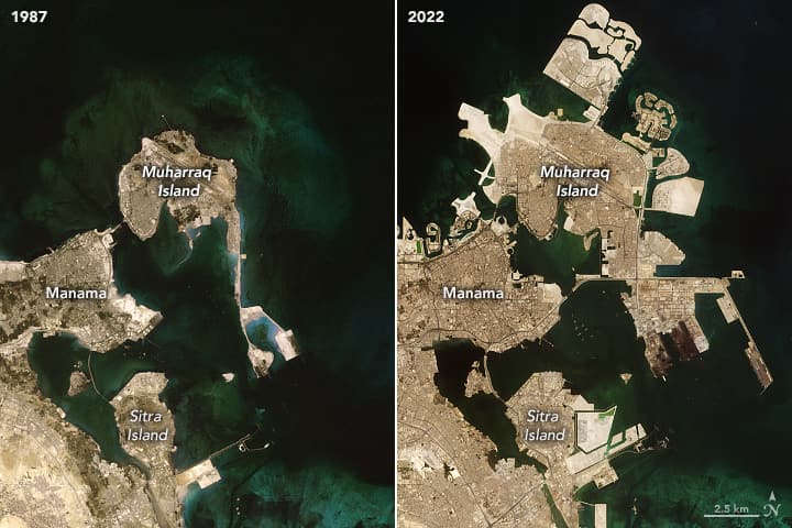 Before and after images show dramatic expansion of Bahrain by building land on sea: 1987 vs 2022