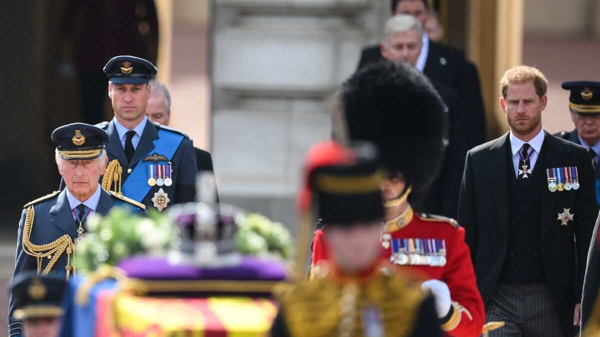 William and Harry walk together behind Queen Elizabeth II's coffin William and Harry walk together behind Queen Elizabeth II's coffin