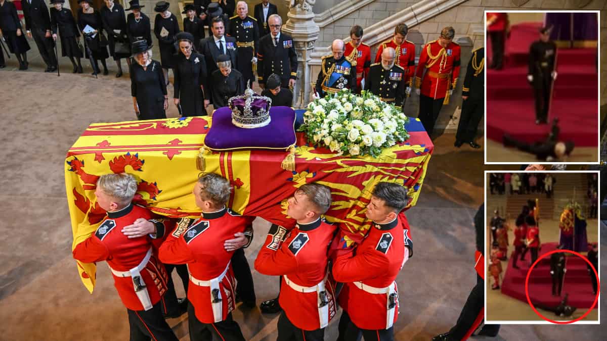 Dramatic scenes as guard next to Queen Elizabeth II's coffin faints: Video