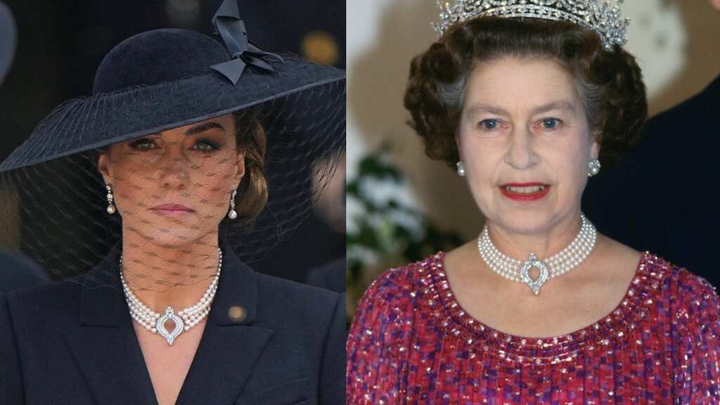 Kate Middleton pays solemn tribute to the Queen at her funeral, wears her four row pearl choker