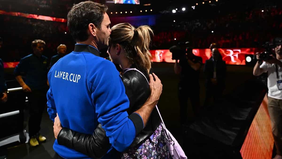 Roger Federer's wife Mirka embraces her husband
