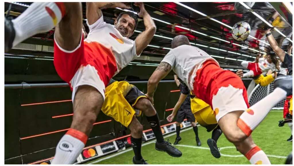 WATCH: Luis Figo makes heads turn with sensational bicycle kick in 'zero gravity' football match