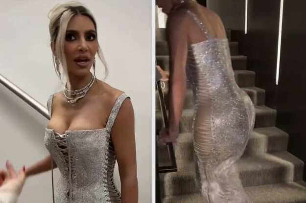 Kim Kardashian jumps up stairs as she struggles to walk in bodycon silhouette