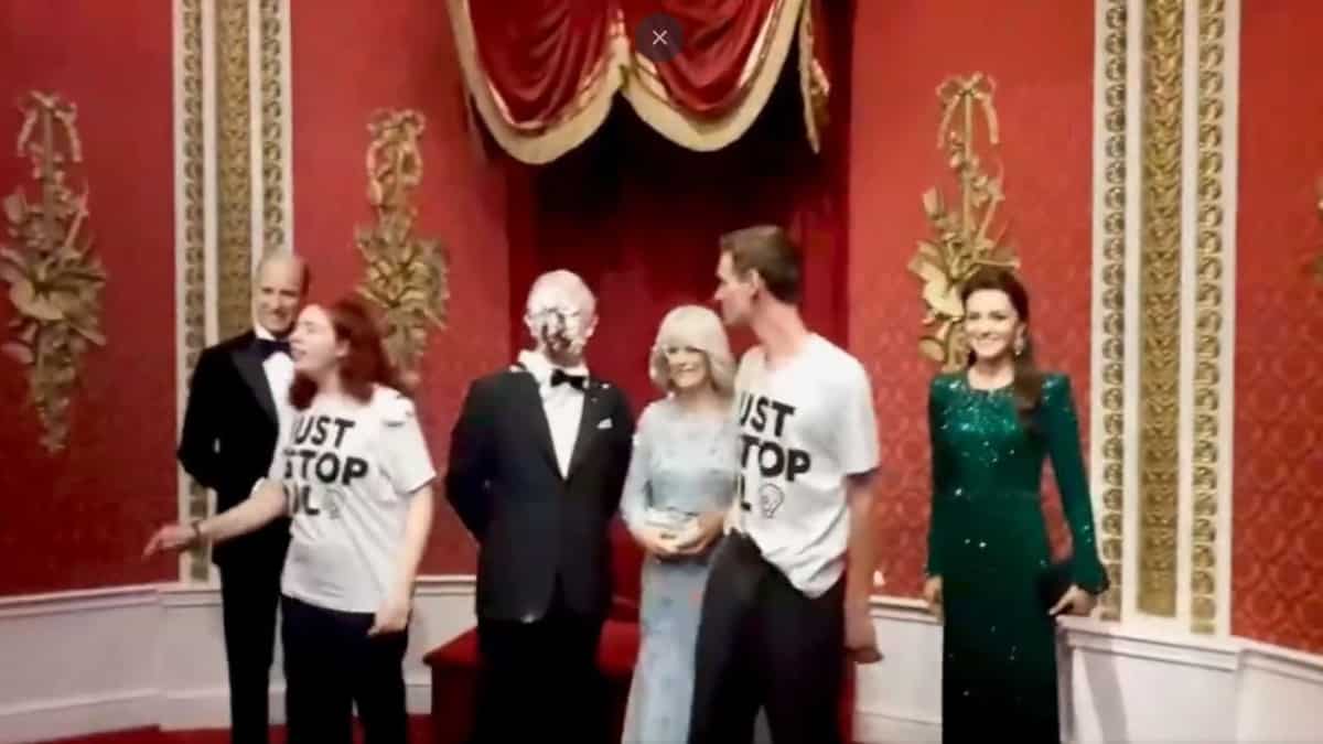 Climate protesters smear chocolate cake on wax statue of King Charles III at Madame Tussauds Climate protesters smear chocolate cake on wax statue of King Charles III at Madame Tussauds