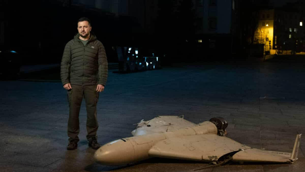 Zelensky stands besides downed drone, vows to 'clip' Russian air power Zelensky stands besides downed drone, vows to 'clip' Russian air power